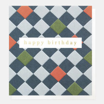 verjaardagskaart caroline gardner - happy birthday - ruiten op  donker en lichtblauw