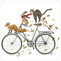 vierkante ansichtkaart met envelop van Rosie Hilyer - vrienden konijn kat hond vos