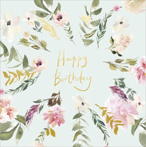 verjaardagskaart woodmansterne - happy birthday - bloemen lichtblauw