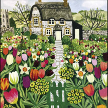 paaskaart woodmansterne -  tuin met tulpen en narcissen