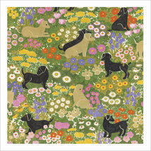 wenskaart woodmansterne - teckels in bloementuin