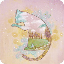 vierkante ansichtkaart met envelop van jehanne weyman - kat in pastel maanlicht