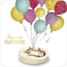 vierkante verjaardags ansichtkaart met envelop - joyeux anniversaire - kat met ballonnen