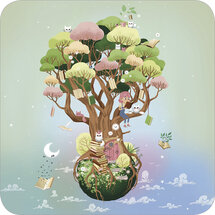 vierkante ansichtkaart met envelop van Rémy Tornior - lezende planeet