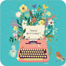 vierkante ansichtkaart met envelop van Audrey Bussi - happy birthday - typemachine