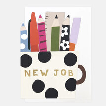 wenskaart caroline gardner - new job - pennen en potloden in mok