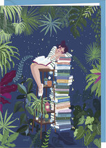 wenskaart code 5 Audrey Bussi - slapen op stapel boeken