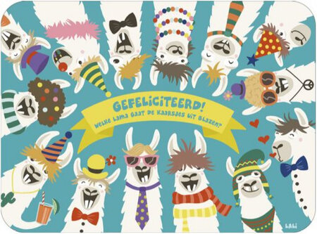 ansichtkaart - lali - zoekplaatje - gefeliciteerd! welke lama gaat de kaarsjes uit blazen