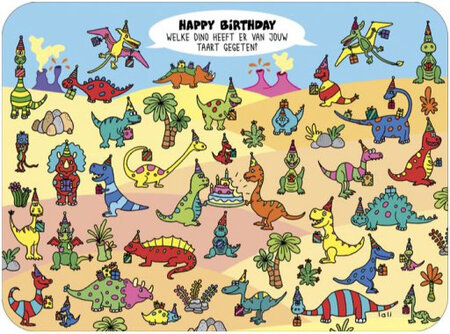 ansichtkaart - lali - zoekplaatje - happy birthday - welke dino heeft er van jouw taart gegeten?