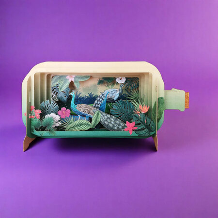 3D pop up wenskaart  - message in a bottle - pauwen