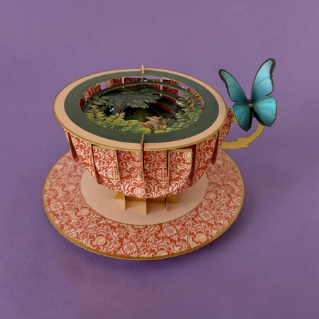 3D pop up wenskaart  - a cup of tea - vos in het bos