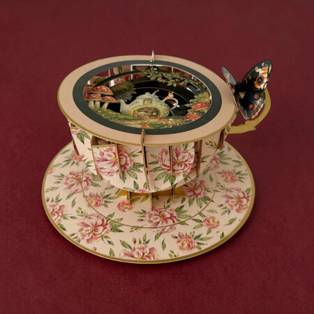 3D pop up wenskaart  - a cup of tea - theepothuis en konijntjes
