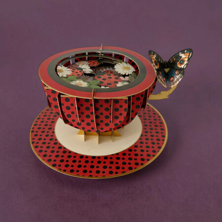 3D pop up wenskaart  - a cup of tea - lieveheersbeestjes op bloemen