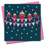 kerstkaart stripey cats - happy christmas - roodborstjes op vlaggenlijn