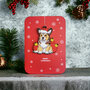 luxe kerstkaart met houten kerstboom hanger - merry christmas - hond met kerstballen