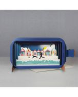 3D pop up wenskaart - message in a bottle - strandhuisjes en hond