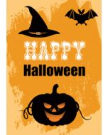 ansichtkaart - happy halloween - pompoen vleermuis heksenhoed | muller wenskaarten