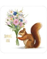 vierkante ansichtkaart met envelop - sending love - eekhoorn