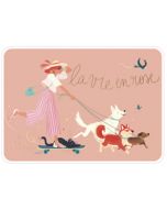 ansichtkaart van Audrey Bussi - la vie en rose - honden en kat - op skateboard | mullerwenskaarten 