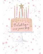 grote verjaardagskaart A4 - gelukkige verjaardag - taart met hartjes