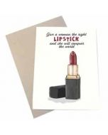 wenskaart mouse & pen - give a woman the right lipstick and she will conquer the world