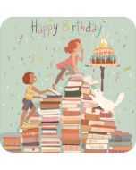 vierkante ansichtkaart met envelop - happy birthday - boeken, taart en kat