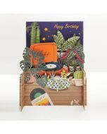 3d pop-up kaart miniature greetings - happy birthday - platenspeler en planten