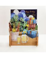 3d pop-up kaart miniature greetings - happy birthday - bier en cadeautjes