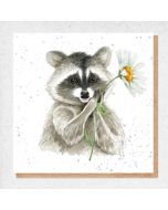 wenskaart fine art - wasbeer met bloem