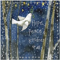 kerstkaart alex clark - hope, peace & kindness to all - duif