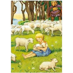 ansichtkaart elsa beskow - meisje met schapen en lammetjes