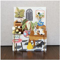 3d pop-up kaart miniature greetings - katten op tafel en planten | muller wenskaarten