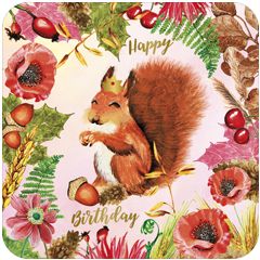 vierkante ansichtkaart met envelop - happy birthday - eekhoorn met kroon