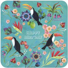 vierkante ansichtkaart met envelop - happy bird'day - toekan