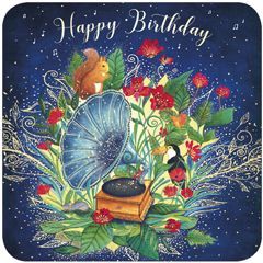 vierkante ansichtkaart met envelop van Jehanne Weyman - happy birthday - grammofoon | muller wenskaarten