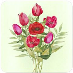 vierkante ansichtkaart met envelop - rode bloemen