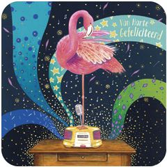 vierkante ansichtkaart met envelop - van harte gefeliciteerd - flamingo