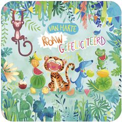 vierkante ansichtkaart met envelop - van harte gefeliciteerd rooaw - tijger en aapje | muller wenskaarten