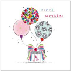 verjaardagskaart - happy birthday  - cadeau en ballonnen met knopen