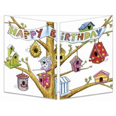 uitklapbare wenskaart cache-cache - happy birthday - vogelhuisjes