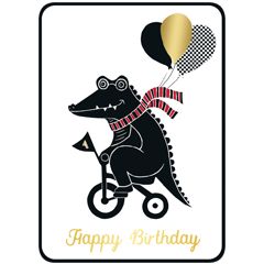 ansichtkaart van corinne rohard - happy birthday - krokodil op fiets | mullerwenskaarten 
