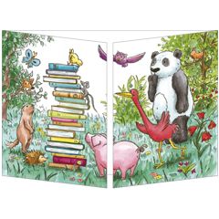 uitklapbare wenskaart cache-cache - panda, varken, boeken lezen | mullerwenskaarten