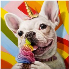 vierkante ansichtkaart met envelop Lucia Heffernan - hond eet ijsje | muller wenskaarten