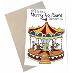 wenskaart mouse & pen - life is like a merry go round so hang on tight - draaimolen
