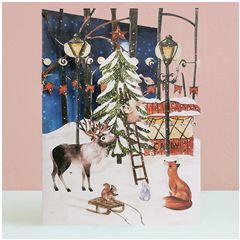 lasergesneden kerstkaart - rendier, konijn en vos bij kerstboom