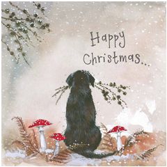 5 kerstkaarten alex clark - happy christmas - hond met tak
