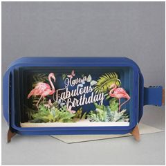 3D pop up wenskaart - message in a bottle - fabulous birthday - flamingo