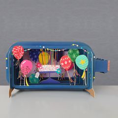 3D pop up wenskaart  - message in a bottle - happy birthday - taart en ballonnen | muller wenskaarten