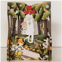 3d pop-up kaart miniature greetings - stelletje in bos met ballonnen | muller wenskaarten