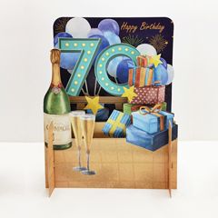 70 jaar - 3d pop-up kaart miniature greetings - happy birthday - champagne en cadeautjes 